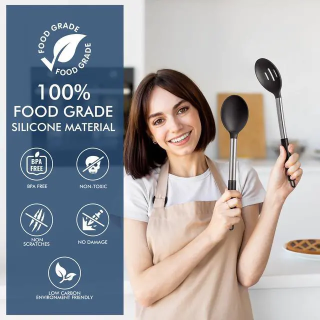 Alt view image 6 of 7 - 446°F Heat Resistant Large Silicone Cooking Spoon, BPA Free Solid Slotted Spoons, Nonstick Kitchen Cookware Utensils, Mixing, Serving, Stiring Large Spoons, Black