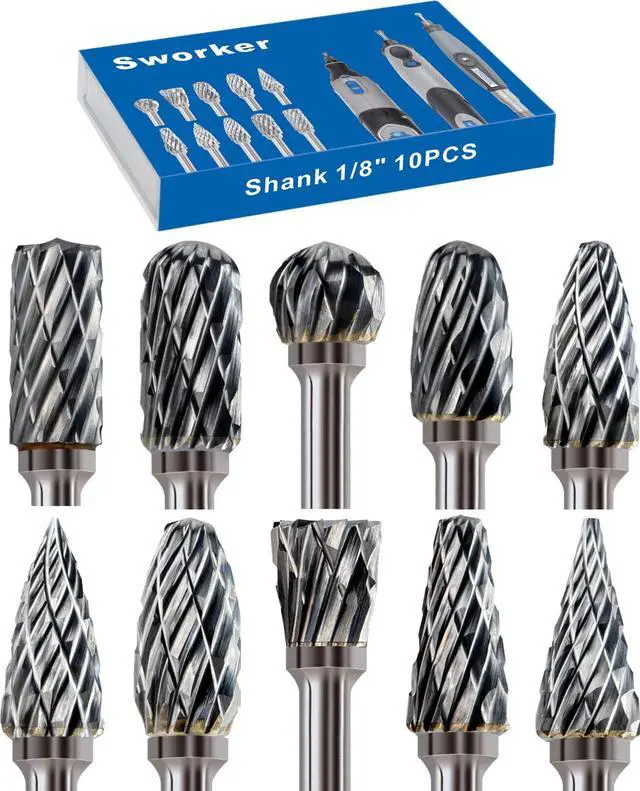 Main image of 10 Pcs Carbide Burr Set 1/8" Shank Compatible with Dremel Milwaukee Bits Rotary Tools Attachment Kit Rasp Drill File Accessories Metal Wood Stone Steel Grinding Carving Cutting Polishing