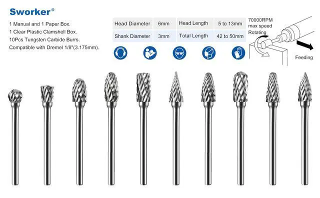 Alt view image 2 of 7 - 10 Pcs Carbide Burr Set 1/8" Shank Compatible with Dremel Milwaukee Bits Rotary Tools Attachment Kit Rasp Drill File Accessories Metal Wood Stone Steel Grinding Carving Cutting Polishing
