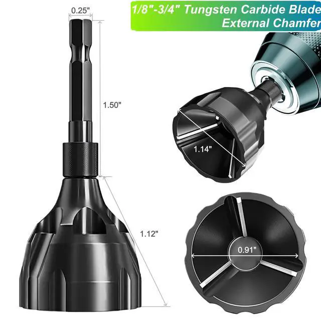 Alt view image 2 of 7 - 2PCS YG8 Tungsten Carbide Deburr Chamfer Bits 1/4" Hex Shank, Fits 1/8-3/4" | Durable Carbide Blade External Chamfer Tool Set, Works on Metals, Plastic, Wood, Repair Damaged Bolts, Not FOR HAMMER