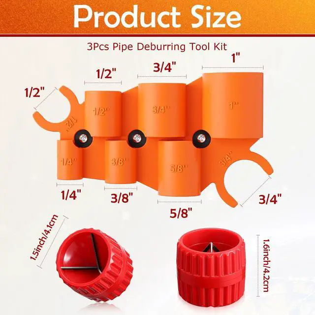 Alt view image 3 of 6 - 3 Pcs Pipe Deburring Tool Set, 1/4'' to 1'' Depth Gauge and 2 Pcs 1/8'' to 1-5/8'' Inner Outer Reamer for PEX PVC CPV Copper Tubing Plumbing Chamfer Tools for Push to Connect Fittings