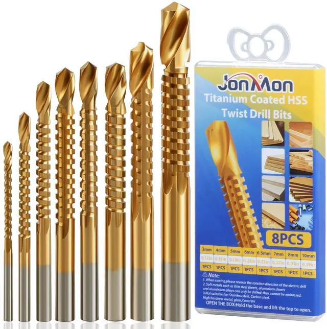 Main image of 8 Pack Titanium Coated HSS Twist Drill Bits - 3-10mm Serrated Drilling Grooving Side Cutting Drill Bit, Woodworking Hole Enlarging Tools for Wood, Plastic, Aluminum, Thin Metal
