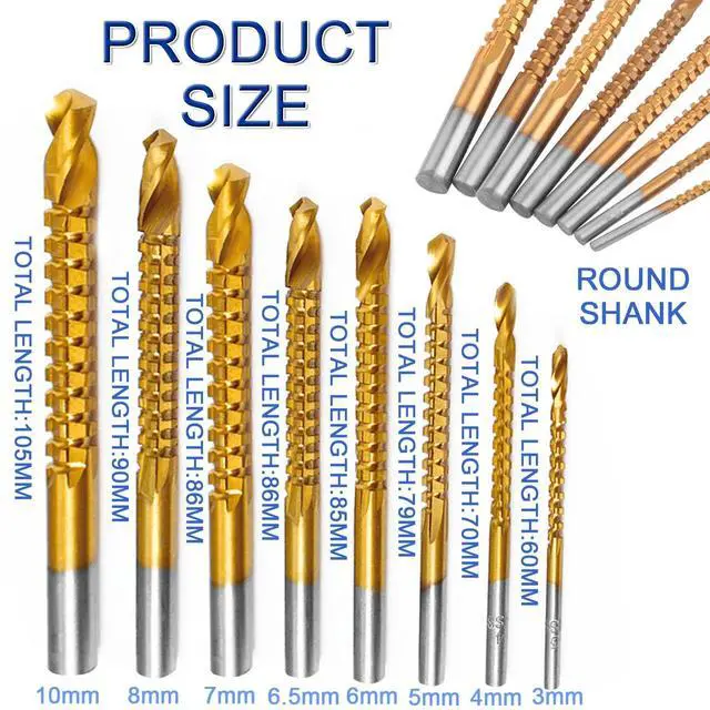 Alt view image 2 of 7 - 8 Pack Titanium Coated HSS Twist Drill Bits - 3-10mm Serrated Drilling Grooving Side Cutting Drill Bit, Woodworking Hole Enlarging Tools for Wood, Plastic, Aluminum, Thin Metal
