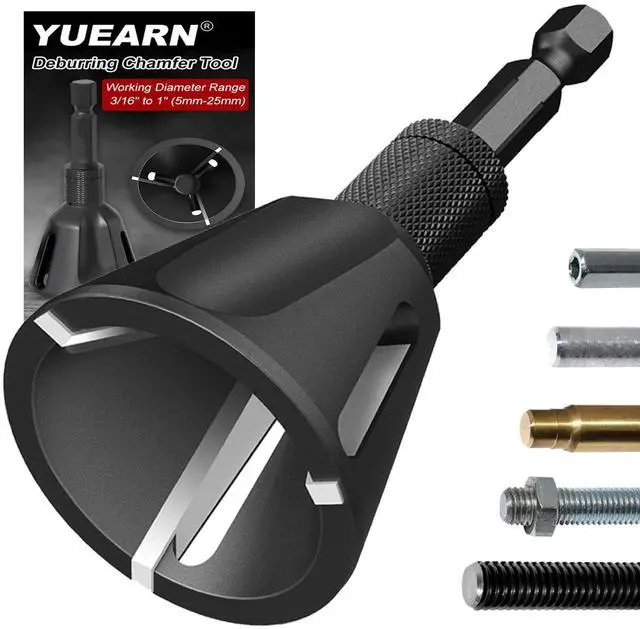 Main image of Deburring External Chamfer Tool Tungsten Carbide, 1/4" Hex Shank 3/16"-1" | Tungsten carbide blade | Quick release | For copper, steel, aluminum, brass, plastic | Removes burrs & repairs damaged bolts