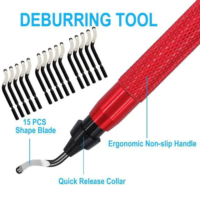 Alt view image 2 of 7 - Premium Deburring Tool with 15 Pcs High Speed Steel Swivel Blades, Deburring Tool for Metal, Resin, PVC Pipes, Plastic, Aluminum, Copper, Wood, 3D Printing Burr Removal Reamer Tool Red
