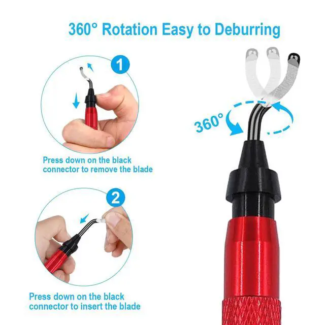 Alt view image 3 of 7 - Premium Deburring Tool with 15 Pcs High Speed Steel Swivel Blades, Deburring Tool for Metal, Resin, PVC Pipes, Plastic, Aluminum, Copper, Wood, 3D Printing Burr Removal Reamer Tool Red