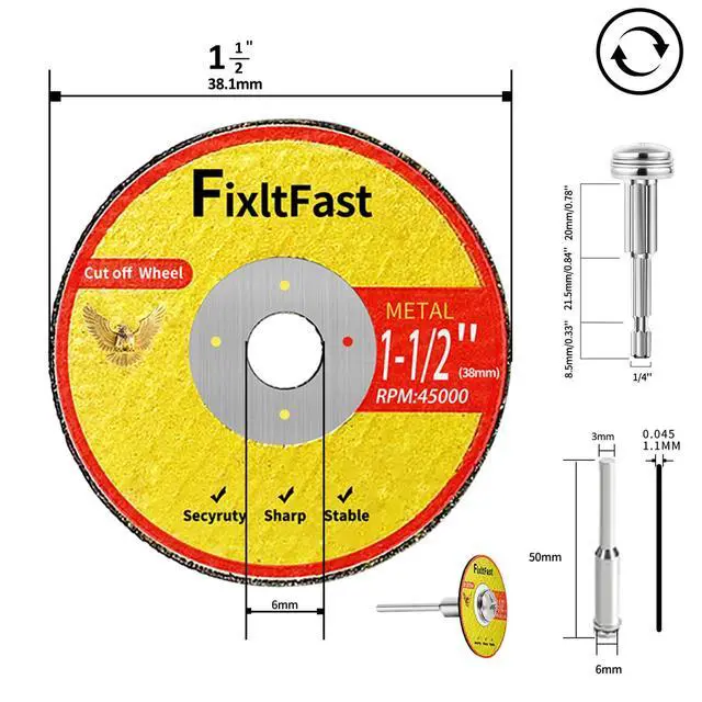 Alt view image 4 of 7 - 1-1/2 Cut Off Wheels,1.5" x 1/8" Fiberglass Reinforced Metal Cutting disc for Rotary Tool Accessories Include Mandrels - 11 Pack