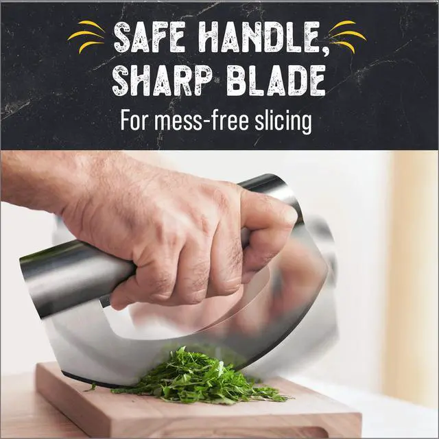 Alt view image 3 of 7 - Salad Chopper Tool - Mezzaluna Knife, Stainless Steel Blade | Stainless steel rocker knife; chops herbs, lettuce, salad, nuts, vegetables; blade cover included; dishwasher safe