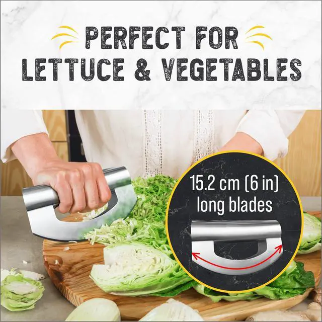 Alt view image 4 of 7 - Salad Chopper Tool - Mezzaluna Knife, Stainless Steel Blade | Stainless steel rocker knife; chops herbs, lettuce, salad, nuts, vegetables; blade cover included; dishwasher safe