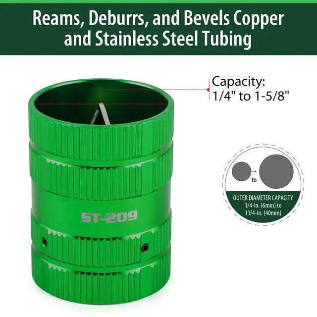 Alt view image 7 of 7 - Inner/Outer Pipe Reamer, 1/4 to 1-5/8", Green-4 Blades | Tube Deburring Tool, Deburrs and Chamfers Copper, Brass, Aluminum, PVC, PPR Tubing