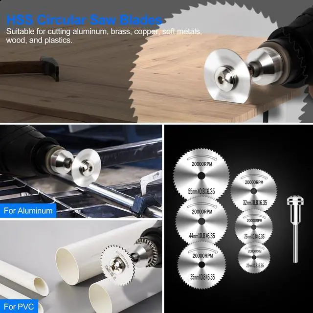 Alt view image 5 of 7 - 44Pcs Auxiren Cutting Wheel Kit for Dremel Rotary Tools, Mini HSS Circular Saw Blades Cutter, Resin Cutting Discs, 545 Diamond Cut Off Wheels for Cutting Wood, Metal, Plastic, PVC, Glass, Tile, Stone