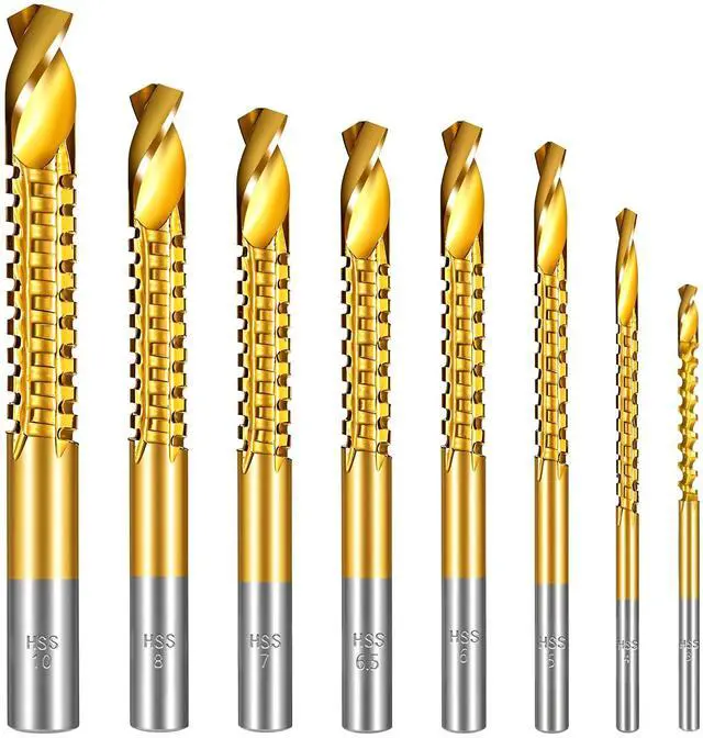 Main image of 8 Pack Titanium Coated HSS Twist Drill Bits, 3-10mm Serrated Side Cutting Drill Bit, Hex Shank Serrated Cutting Drill Bits, Drill Bit Woodworking Tools, Hole Holesaw Tool for Plastic Metal Wood Hole