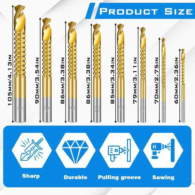 Alt view image 2 of 7 - 8 Pack Titanium Coated HSS Twist Drill Bits, 3-10mm Serrated Side Cutting Drill Bit, Hex Shank Serrated Cutting Drill Bits, Drill Bit Woodworking Tools, Hole Holesaw Tool for Plastic Metal Wood Hole