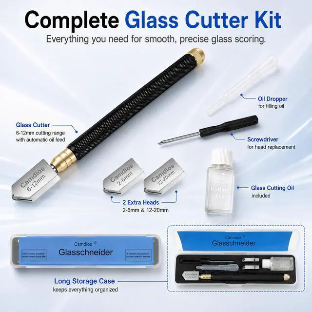 Alt view image 2 of 7 - Glass Cutter 2mm-20mm, Glass Cutting Tool with Glass Oil & 3 Carbide Heads | 2-20 mm Glass Cutting, 3 Replaceable Carbide Heads, Automatic Oil Feed, Glass Cutting Oil, Mirror, Mosaic & Stained Glass