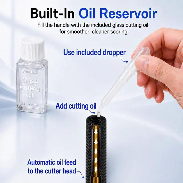 Alt view image 4 of 7 - Glass Cutter 2mm-20mm, Glass Cutting Tool with Glass Oil & 3 Carbide Heads | 2-20 mm Glass Cutting, 3 Replaceable Carbide Heads, Automatic Oil Feed, Glass Cutting Oil, Mirror, Mosaic & Stained Glass