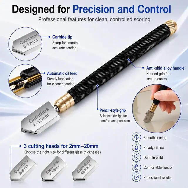 Alt view image 5 of 7 - Glass Cutter 2mm-20mm, Glass Cutting Tool with Glass Oil & 3 Carbide Heads | 2-20 mm Glass Cutting, 3 Replaceable Carbide Heads, Automatic Oil Feed, Glass Cutting Oil, Mirror, Mosaic & Stained Glass