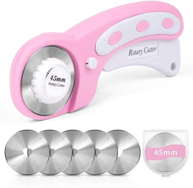 Main image of 45mm Rotary Cutter for Fabric with 5 Extra Blades, Roller, with Safety Lock | Pink, Ergonomic, Cuts Through Multiple Layers, for Left and Right Handed, Professional Sewing & Quilting Tools Supplies