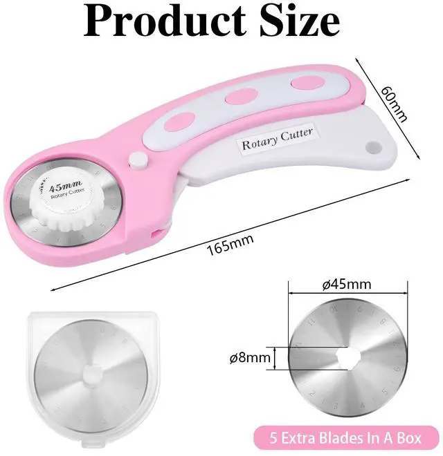Alt view image 2 of 7 - 45mm Rotary Cutter for Fabric with 5 Extra Blades, Roller, with Safety Lock | Pink, Ergonomic, Cuts Through Multiple Layers, for Left and Right Handed, Professional Sewing & Quilting Tools Supplies