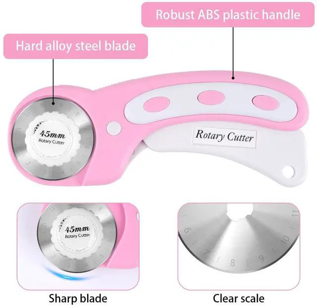 Alt view image 3 of 7 - 45mm Rotary Cutter for Fabric with 5 Extra Blades, Roller, with Safety Lock | Pink, Ergonomic, Cuts Through Multiple Layers, for Left and Right Handed, Professional Sewing & Quilting Tools Supplies