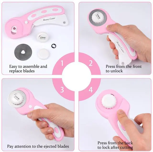 Alt view image 4 of 7 - 45mm Rotary Cutter for Fabric with 5 Extra Blades, Roller, with Safety Lock | Pink, Ergonomic, Cuts Through Multiple Layers, for Left and Right Handed, Professional Sewing & Quilting Tools Supplies