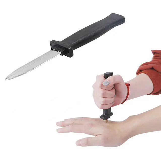 Alt view image 6 of 7 - Retractable Magic Trick Prank Knife, Fake Knife False Trick Gadget Toy Disappearing Dagger Plastic Halloween Fools Day Party Costume Knife (3 PCS A)