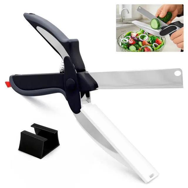 Main image of 2 in 1 Kitchen Scissors for Food with Cutting Board, Safety Lock | Stainless Steel Cutting Board Scissors for Soft Veggies, Fruit & Cheese; Tomato Knife Alternative; 9.5"; Dishwasher Safe
