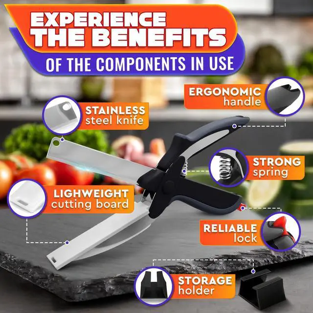 Alt view image 3 of 7 - 2 in 1 Kitchen Scissors for Food with Cutting Board, Safety Lock | Stainless Steel Cutting Board Scissors for Soft Veggies, Fruit & Cheese; Tomato Knife Alternative; 9.5"; Dishwasher Safe