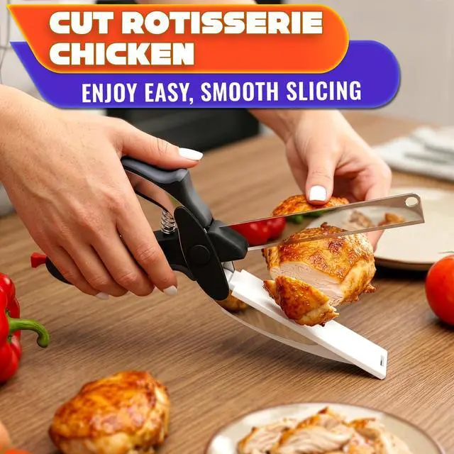 Alt view image 5 of 7 - 2 in 1 Kitchen Scissors for Food with Cutting Board, Safety Lock | Stainless Steel Cutting Board Scissors for Soft Veggies, Fruit & Cheese; Tomato Knife Alternative; 9.5"; Dishwasher Safe