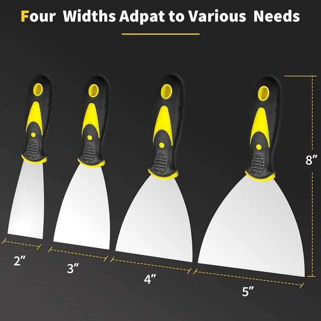 Alt view image 5 of 6 - Putty Knife, 4Pcs Spackle Knife Set (2, 3, 4, 5 in), Stainless Steel Paint Scraper, Taping Knife Tool for Repairing Drywall, Removing Wallpaper, Applying Putty, Plaster, Cement, Adhesive