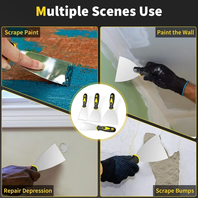 Alt view image 6 of 6 - Putty Knife, 4Pcs Spackle Knife Set (2, 3, 4, 5 in), Stainless Steel Paint Scraper, Taping Knife Tool for Repairing Drywall, Removing Wallpaper, Applying Putty, Plaster, Cement, Adhesive