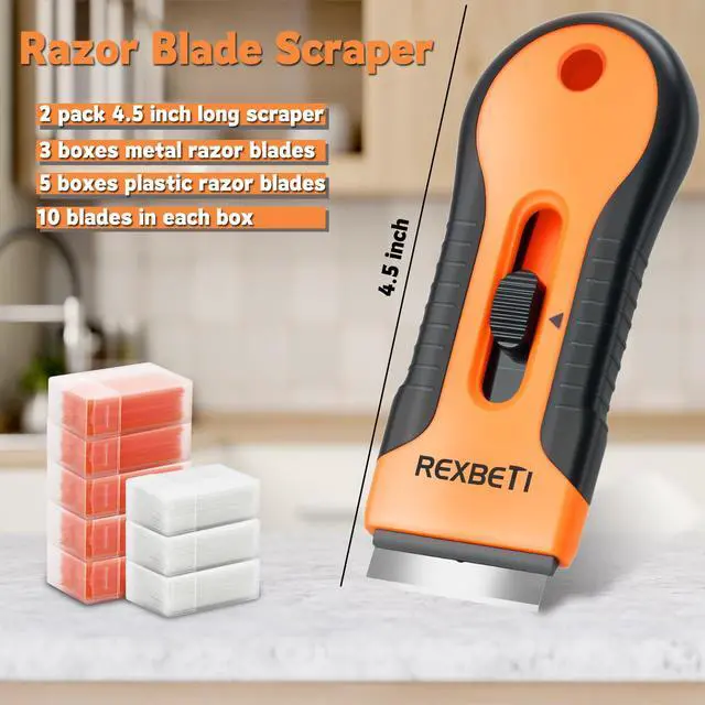 Alt view image 4 of 7 - Razor Blade Scraper Tool, 2 Pack Windows, Glass Stovetop Scraper | 2 Scrapers, 30 Metal & 50 Plastic Blades, Removing Paint, Grease, Adhesive, Stickers, Labels, Decal, General Cleaning Tool