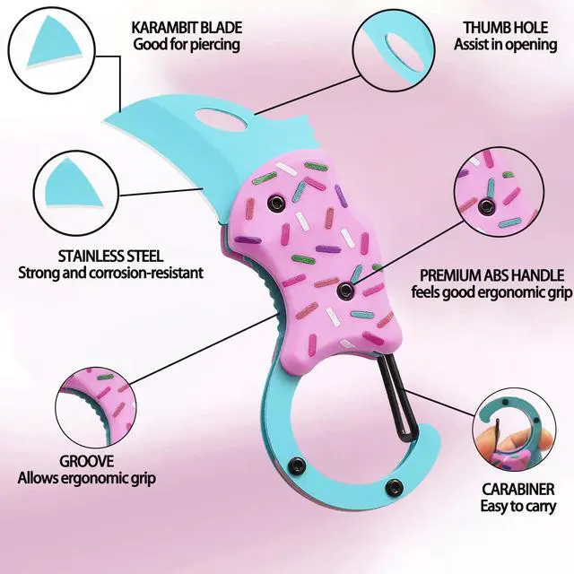 Alt view image 2 of 6 - 2 Pack Cute Donut Pocket Knife, 1.34 Blade EDC Folding Knife for Women Men, Small Portable Everyday Carry, Ideal Gifts for Mom Wife Her Him, Christmas Stocking Stuffers (Blue Pink)