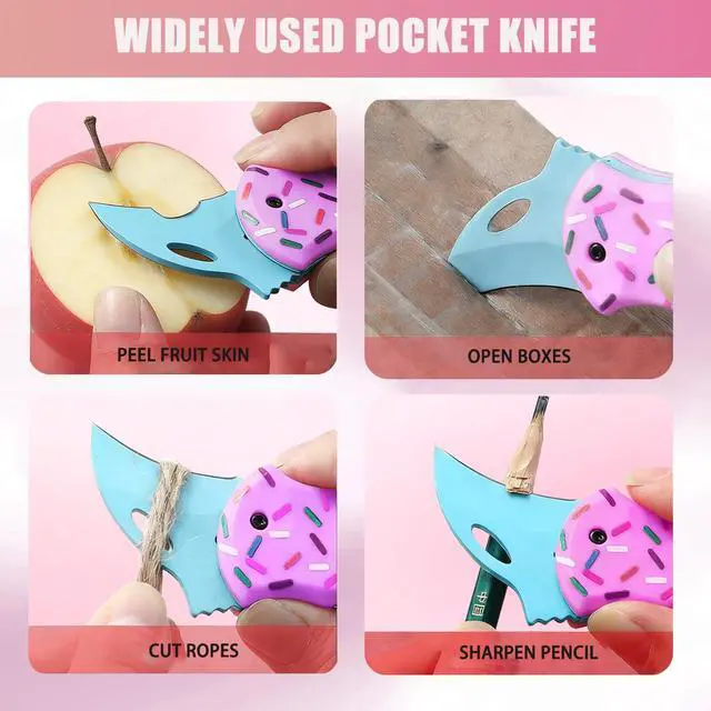 Alt view image 5 of 6 - 2 Pack Cute Donut Pocket Knife, 1.34 Blade EDC Folding Knife for Women Men, Small Portable Everyday Carry, Ideal Gifts for Mom Wife Her Him, Christmas Stocking Stuffers (Blue Pink)