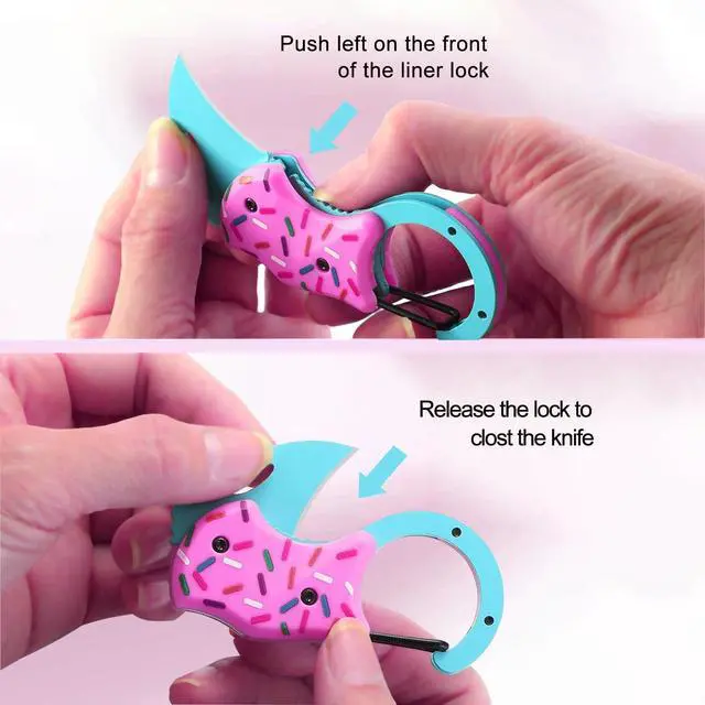 Alt view image 4 of 6 - 2 Pack Cute Donut Pocket Knife, 1.34 Blade EDC Folding Knife for Women Men, Small Portable Everyday Carry, Ideal Gifts for Mom Wife Her Him, Christmas Stocking Stuffers (Blue Pink)