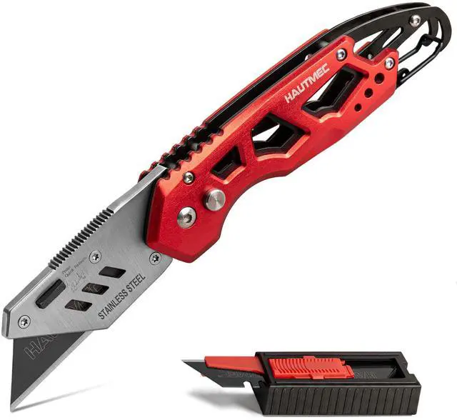 Main image of Heavy Duty Folding Utility Knife, Aluminum Box Cutter with 11PCS SK2H Blades, EDC Safety Work Knife with Belt Clip & Carabiner for Fast-Cutting Tasks, HT0263