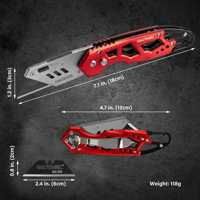 Alt view image 3 of 7 - Heavy Duty Folding Utility Knife, Aluminum Box Cutter with 11PCS SK2H Blades, EDC Safety Work Knife with Belt Clip & Carabiner for Fast-Cutting Tasks, HT0263
