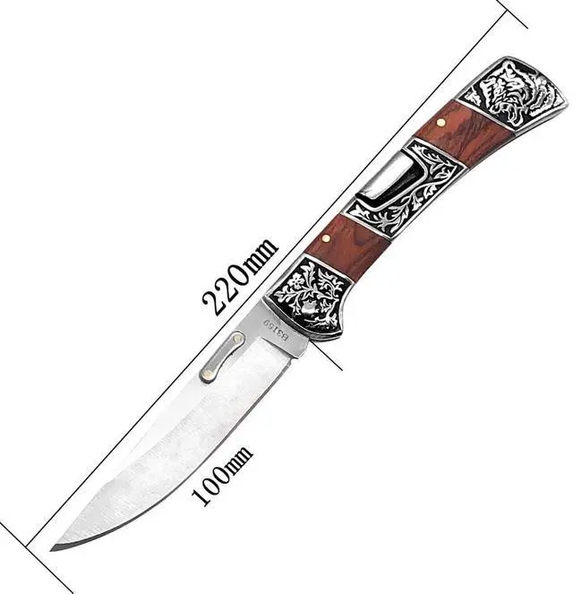 Alt view image 2 of 7 - Classical Folding Pocket Knife with clipCollection Engraved Bolsters Tactical Survival Knife Elegent EDC Knife for Men (red wood)
