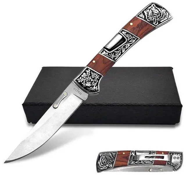 Main image of Classical Folding Pocket Knife with clipCollection Engraved Bolsters Tactical Survival Knife Elegent EDC Knife for Men (red wood)