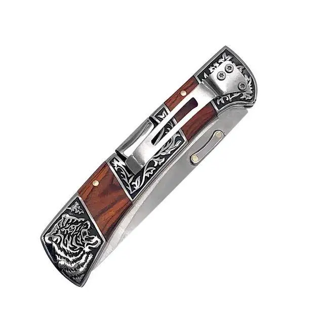 Alt view image 3 of 7 - Classical Folding Pocket Knife with clipCollection Engraved Bolsters Tactical Survival Knife Elegent EDC Knife for Men (red wood)