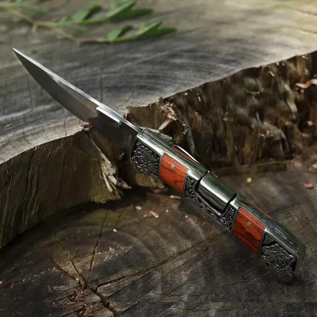 Alt view image 4 of 7 - Classical Folding Pocket Knife with clipCollection Engraved Bolsters Tactical Survival Knife Elegent EDC Knife for Men (red wood)