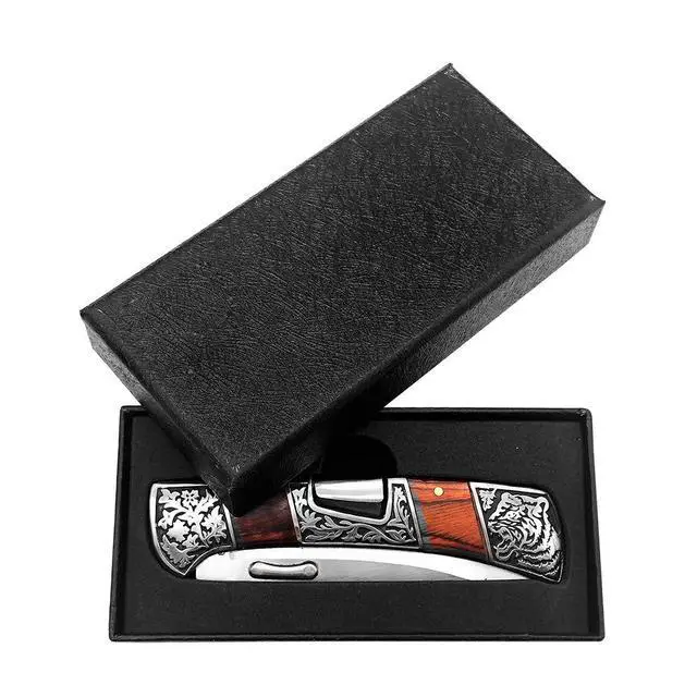 Alt view image 5 of 7 - Classical Folding Pocket Knife with clipCollection Engraved Bolsters Tactical Survival Knife Elegent EDC Knife for Men (red wood)