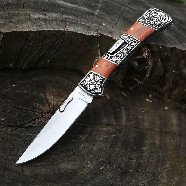Alt view image 7 of 7 - Classical Folding Pocket Knife with clipCollection Engraved Bolsters Tactical Survival Knife Elegent EDC Knife for Men (red wood)