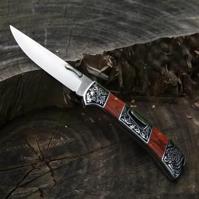 Alt view image 6 of 7 - Classical Folding Pocket Knife with clipCollection Engraved Bolsters Tactical Survival Knife Elegent EDC Knife for Men (red wood)