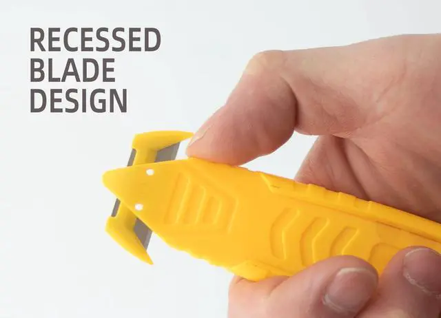 Alt view image 2 of 7 - Safety Box Cutter Knife, Recessed SS Blade, 5-Pack, Assorted | Package opener tool, Hidden Blade for Safety, tape splitter for carton & plastic straps, double-sided concealed cutters