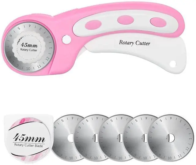 Main image of 45mm Rotary Cutter with 5pcs Extra Blades, Ergonomic Handle Rolling Cutter with Safety Lock for Fabric, Leather, Crafting, Sewing, Quilting, Fabric Rotary Cutter Perfect for Left & Right Hand(Pink)