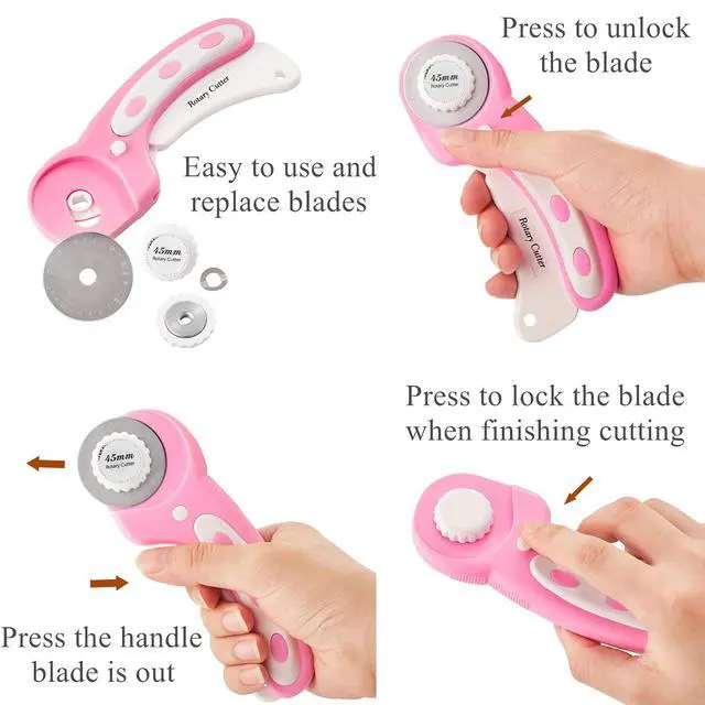 Alt view image 2 of 6 - 45mm Rotary Cutter with 5pcs Extra Blades, Ergonomic Handle Rolling Cutter with Safety Lock for Fabric, Leather, Crafting, Sewing, Quilting, Fabric Rotary Cutter Perfect for Left & Right Hand(Pink)
