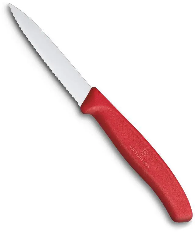 Main image of "VIC-6.7631 Swiss Classic Paring 3¼"" Serrated Spear Point Blade 5/8"" width at handle Red", multicolor, m