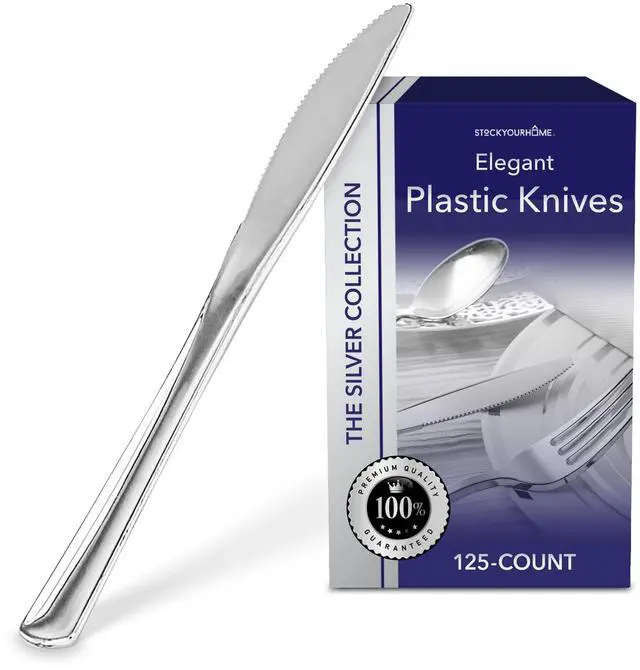 Main image of 125 Disposable Heavy Duty Plastic Knives, Fancy Plastic Silverware Looks Like Real Cutlery - Utensils Perfect for Catering Events, Restaurants, Parties and Weddings (Silver)