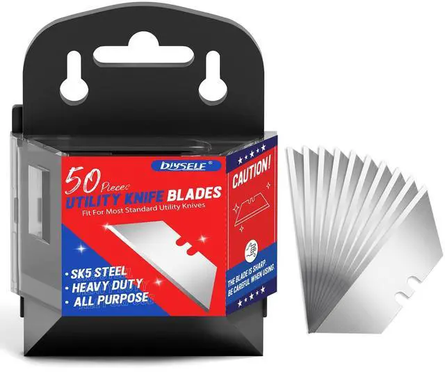 Main image of 50 Pack Utility Knife Blades, SK5 Steel Box Cutter Blades with Dispenser, Standard Blades for Box Cutter Utility Knife Replacement, Sharper Utility Blade, Refills