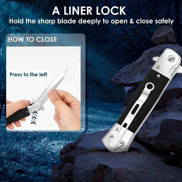 Alt view image 5 of 7 - Pocket Knife, Folding Wood Knives Blade 4in, Foldable Survival Small Knife with Pocket Clip, Sharp Steel Blade, Button Lock & Glass Breaker for Everyday Carry EDC Hunting Camping